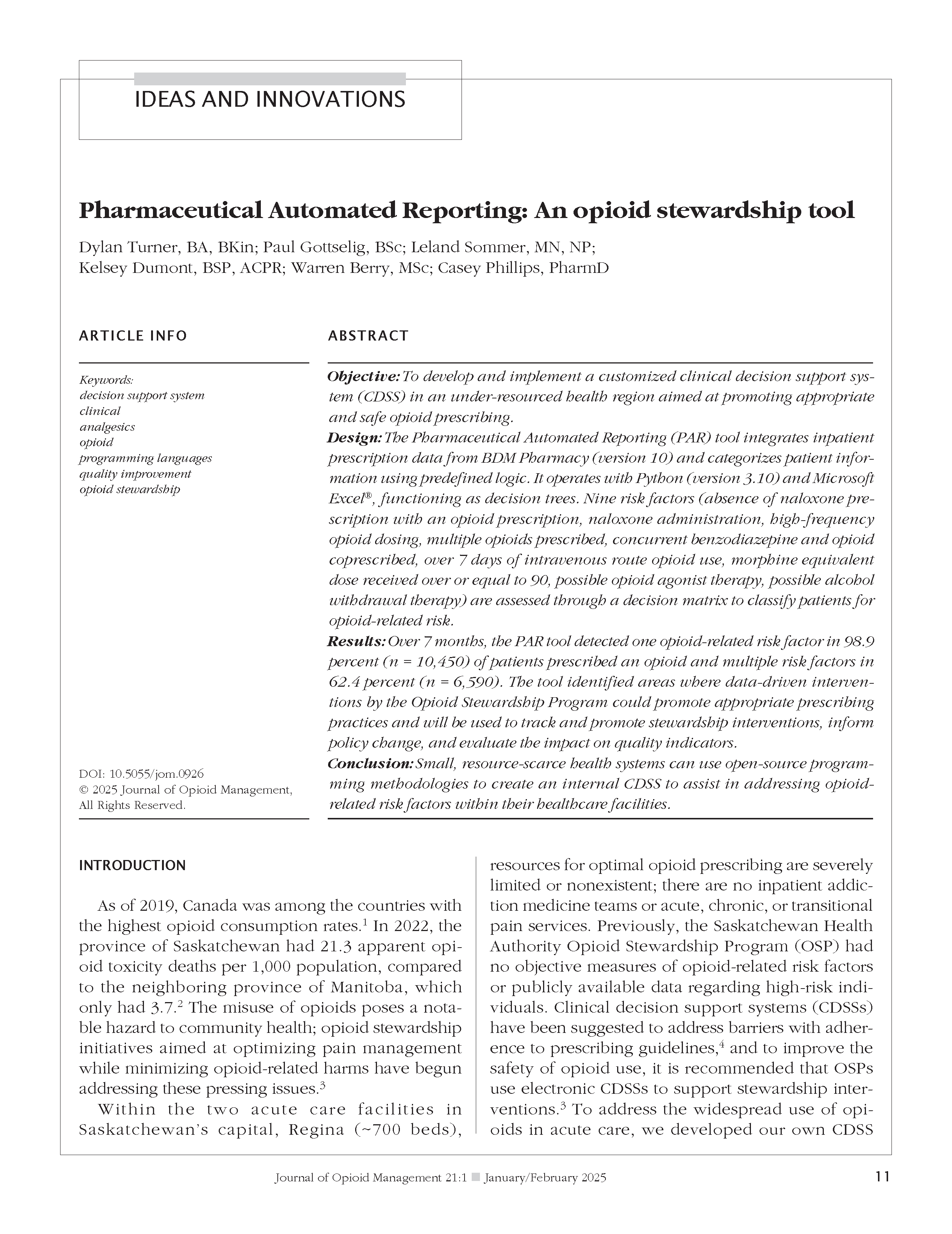 Pharmaceutical Automated Reporting: An opioid stewardship tool