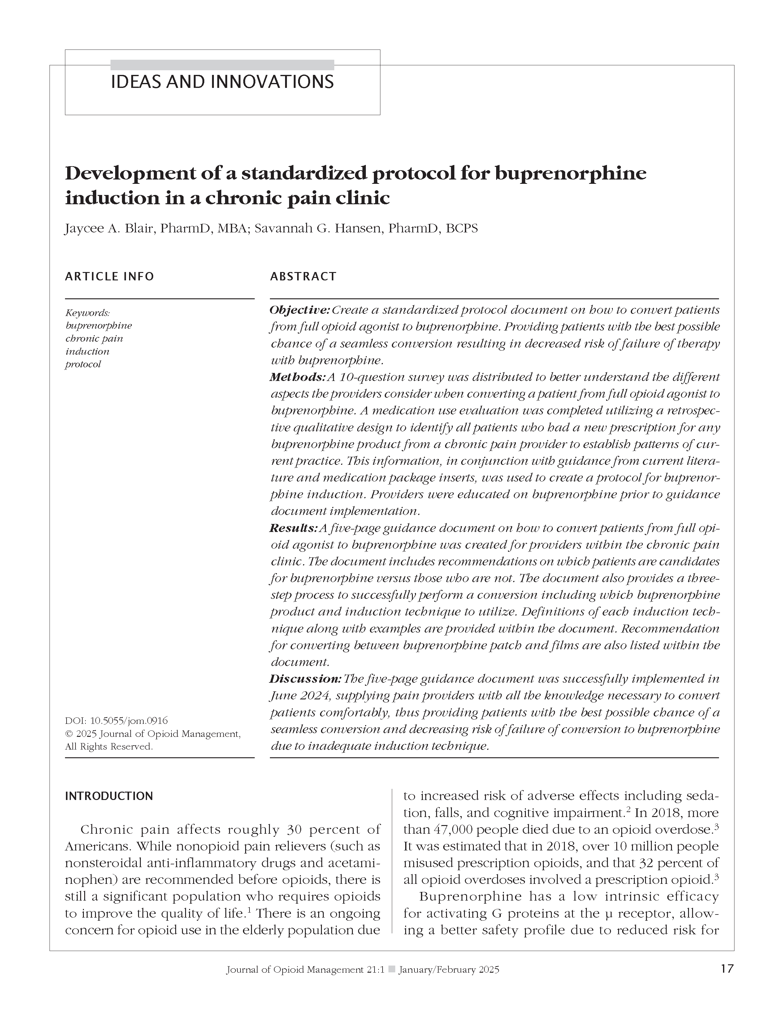 Development of a standardized protocol for buprenorphine induction in a chronic pain clinic