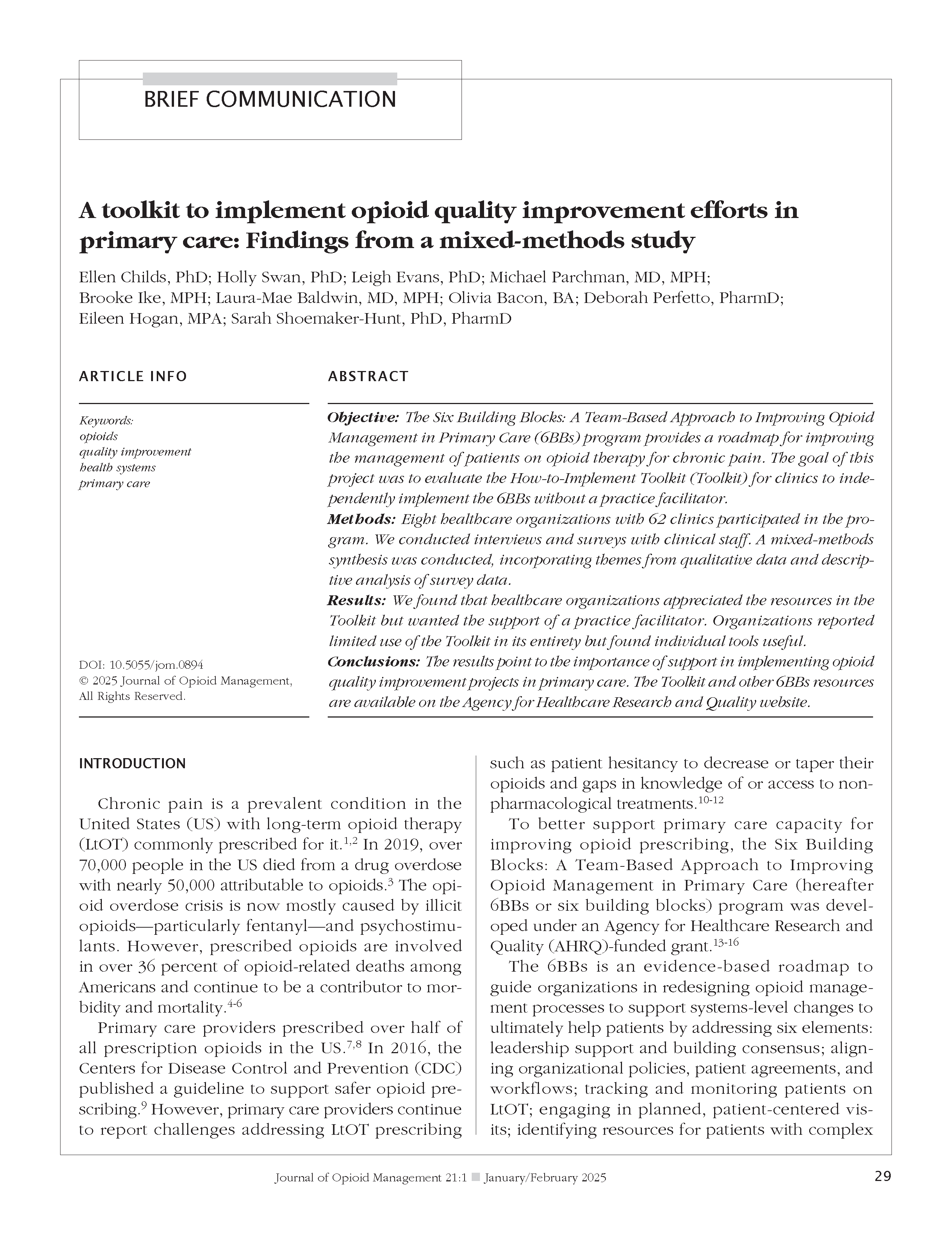 A toolkit to implement opioid quality improvement efforts in primary care: Findings from a mixed-methods study