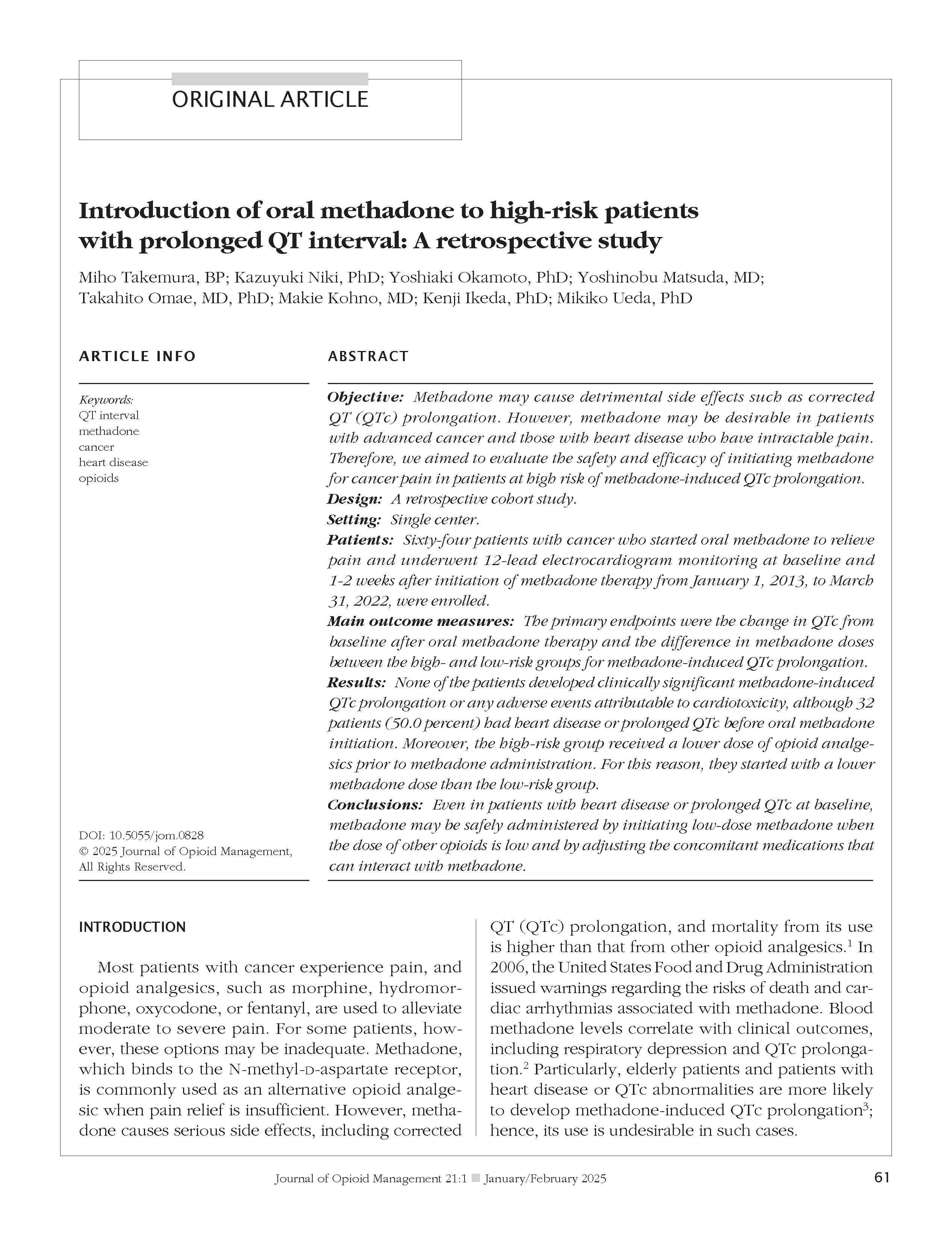 Introduction of oral methadone to high-risk patients with prolonged QT interval: A retrospective study