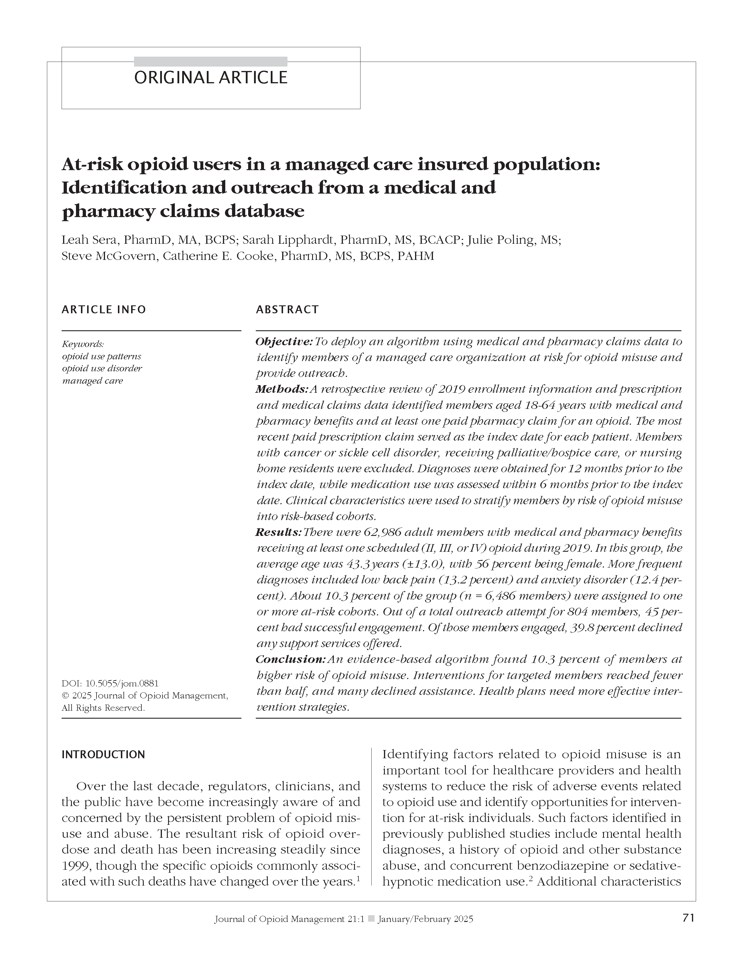 At-risk opioid users in a managed care insured population: Identification and outreach from a medical and pharmacy claims database