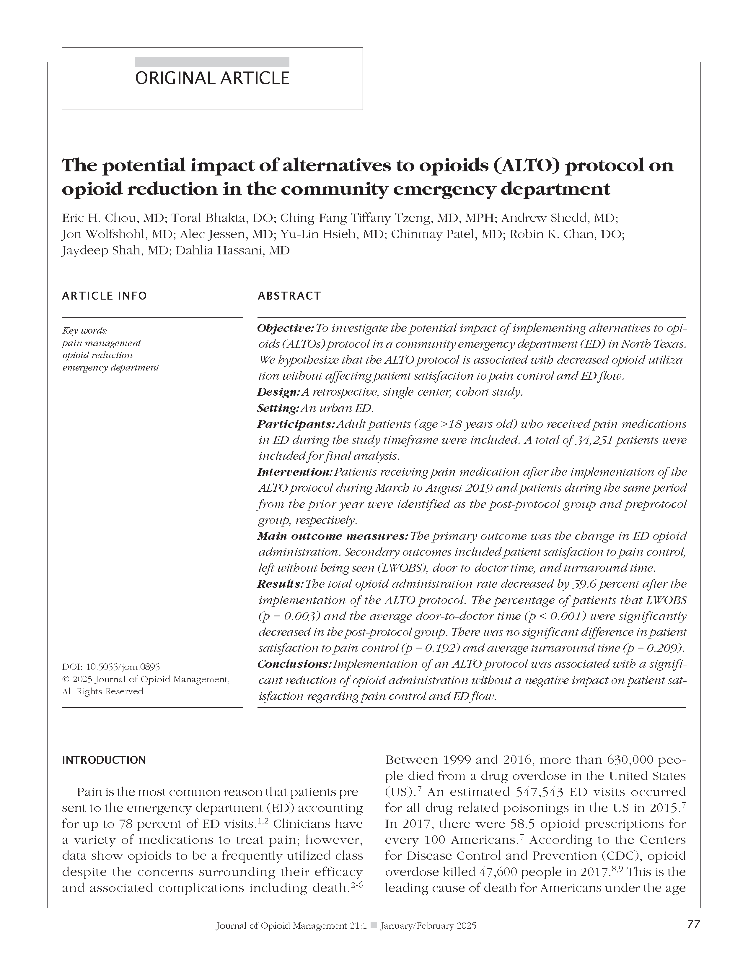 The potential impact of alternatives to opioids (ALTO) protocol on opioid reduction in the community emergency department