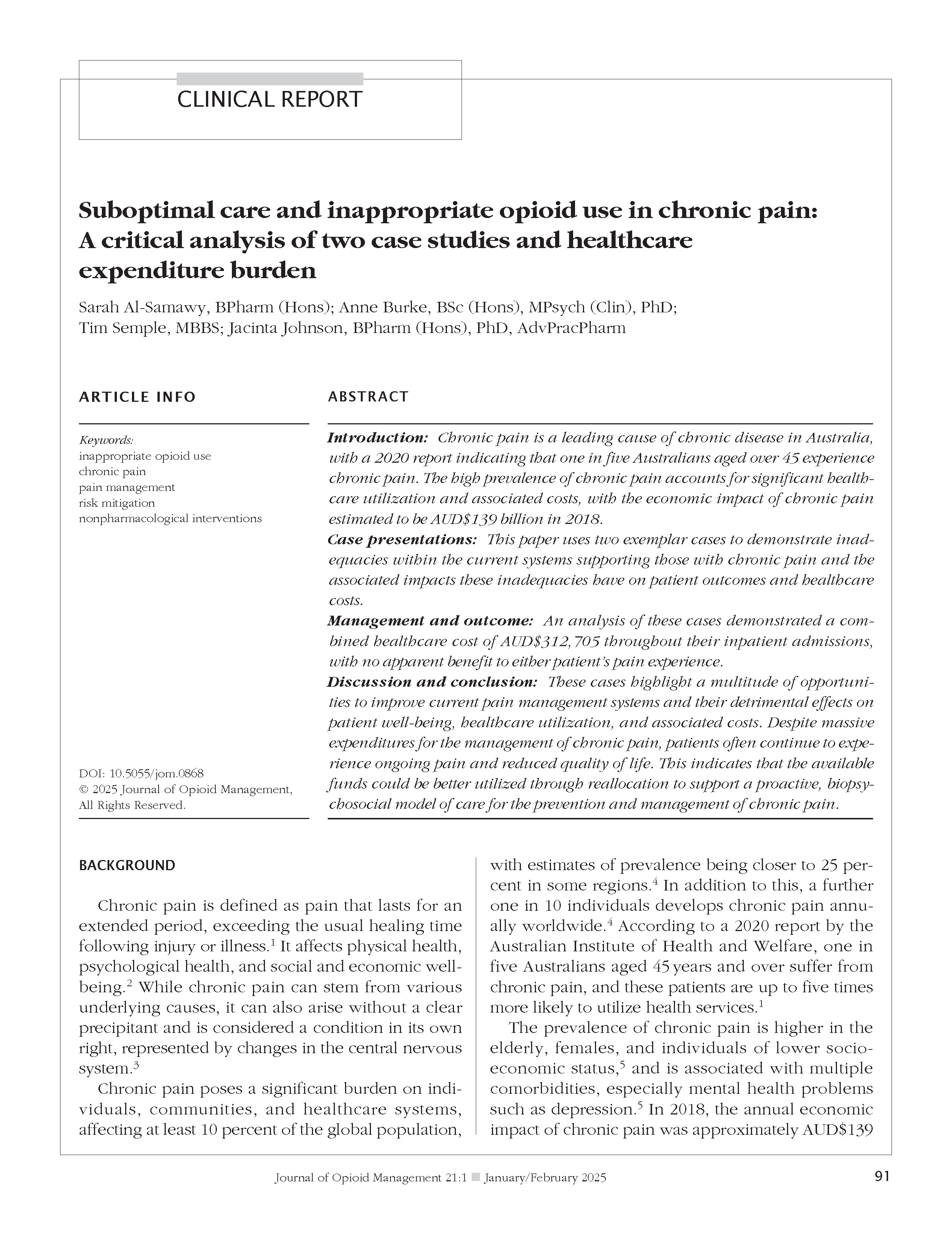 Suboptimal care and inappropriate opioid use in chronic pain: A critical analysis of two case studies and healthcare expenditure burden