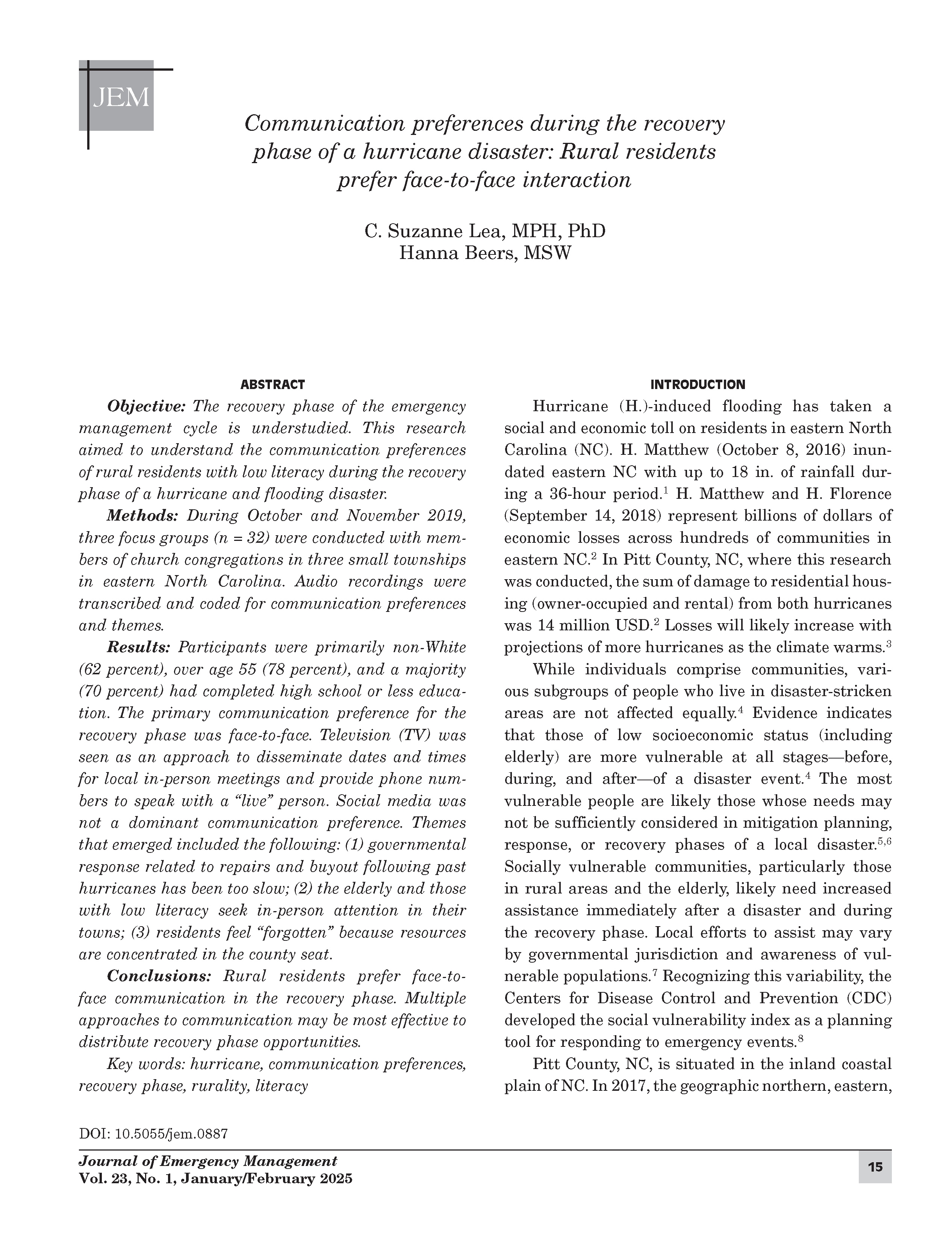 Communication preferences during the recovery phase of a hurricane disaster: Rural residents prefer face-to-face interaction