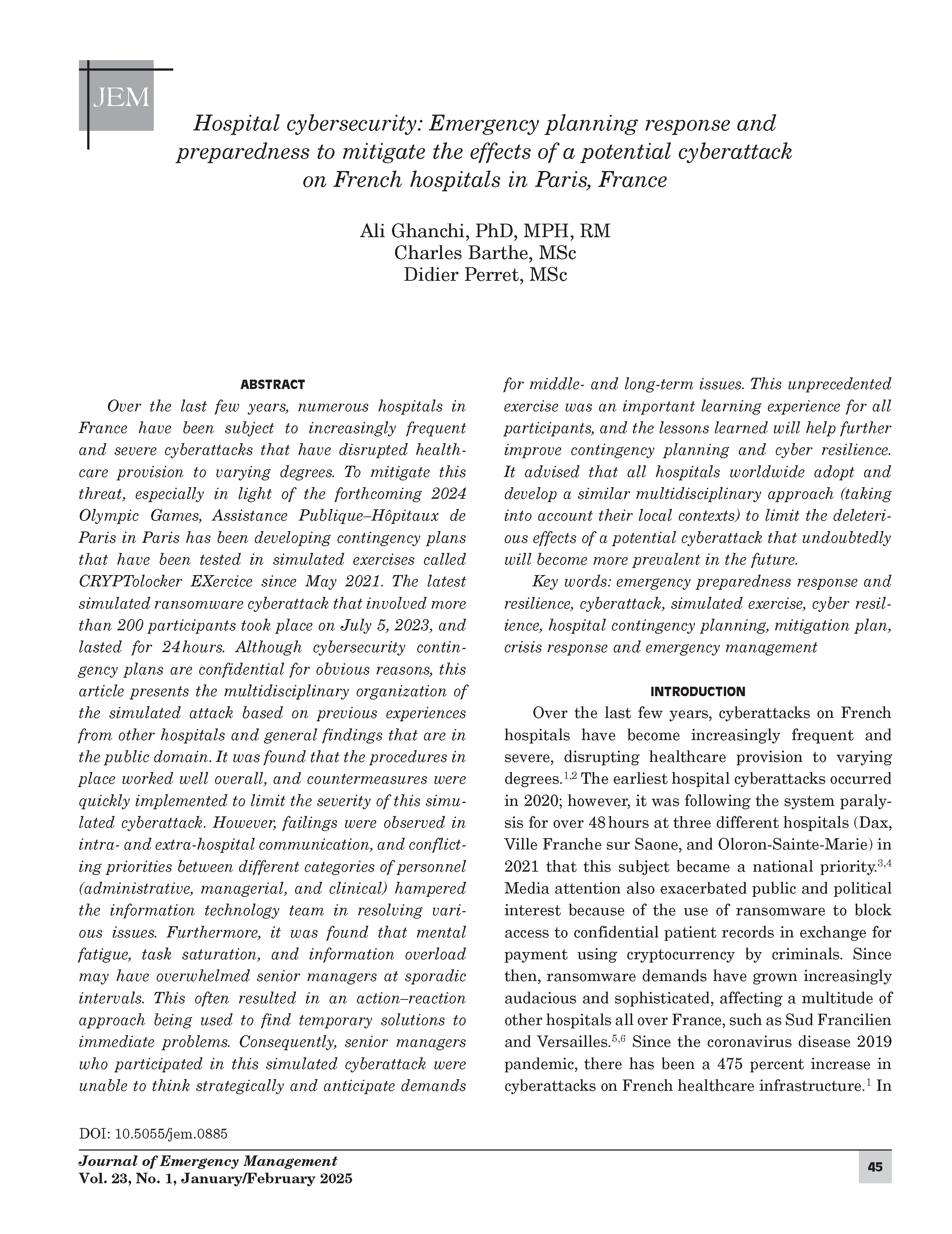 Hospital cybersecurity: Emergency planning response and preparedness to mitigate the effects of a potential cyberattack on French hospitals in Paris, France