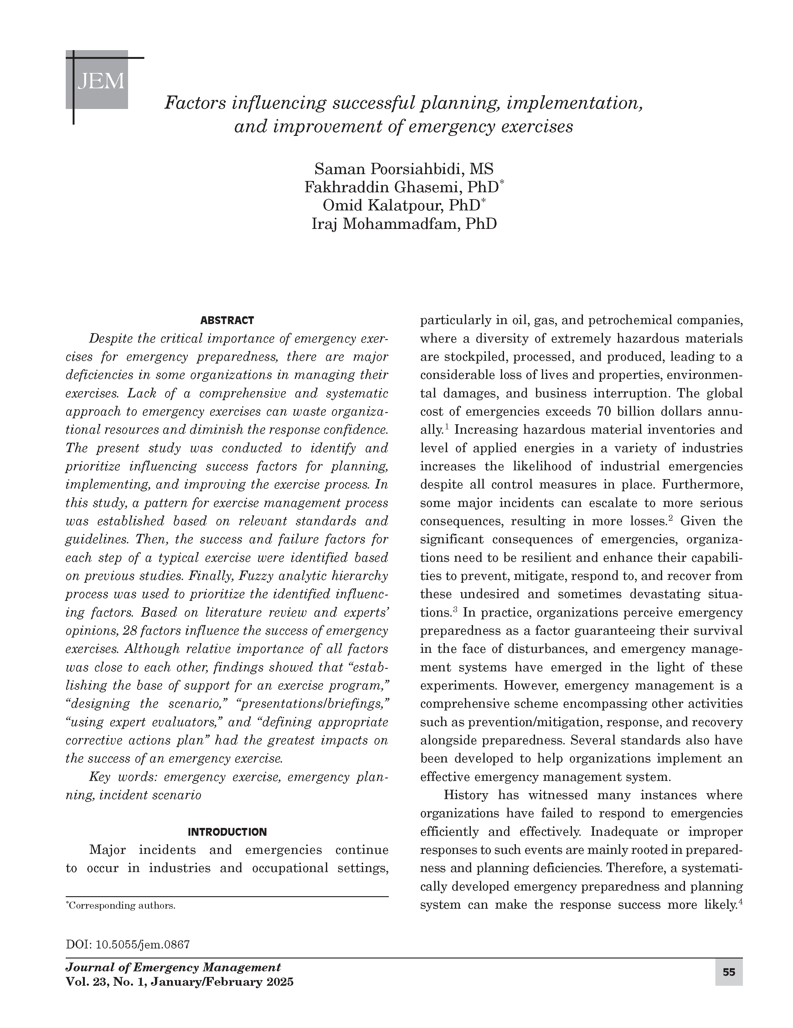 Factors influencing successful planning, implementation, and improvement of emergency exercises