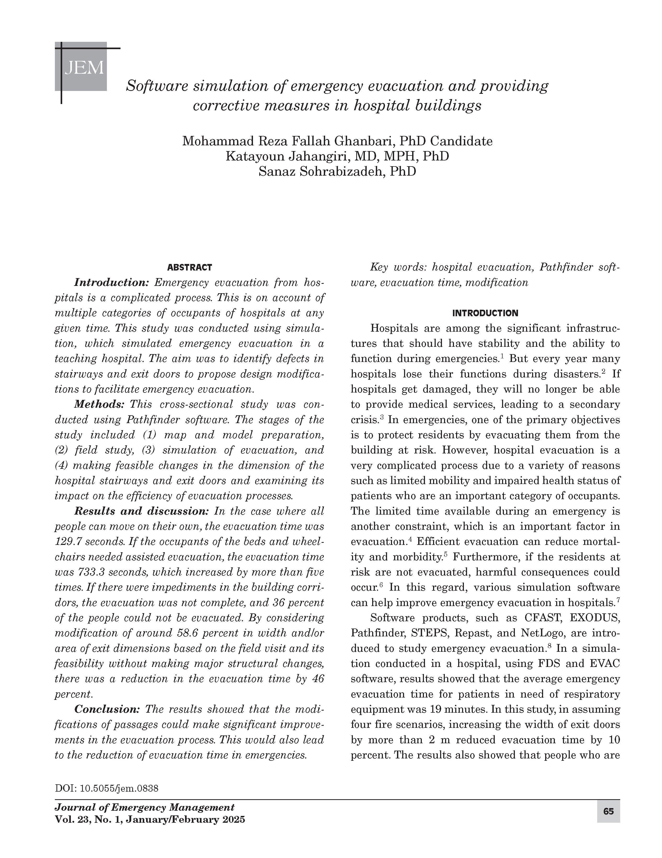  Software simulation of emergency evacuation and providing corrective measures in hospital buildings