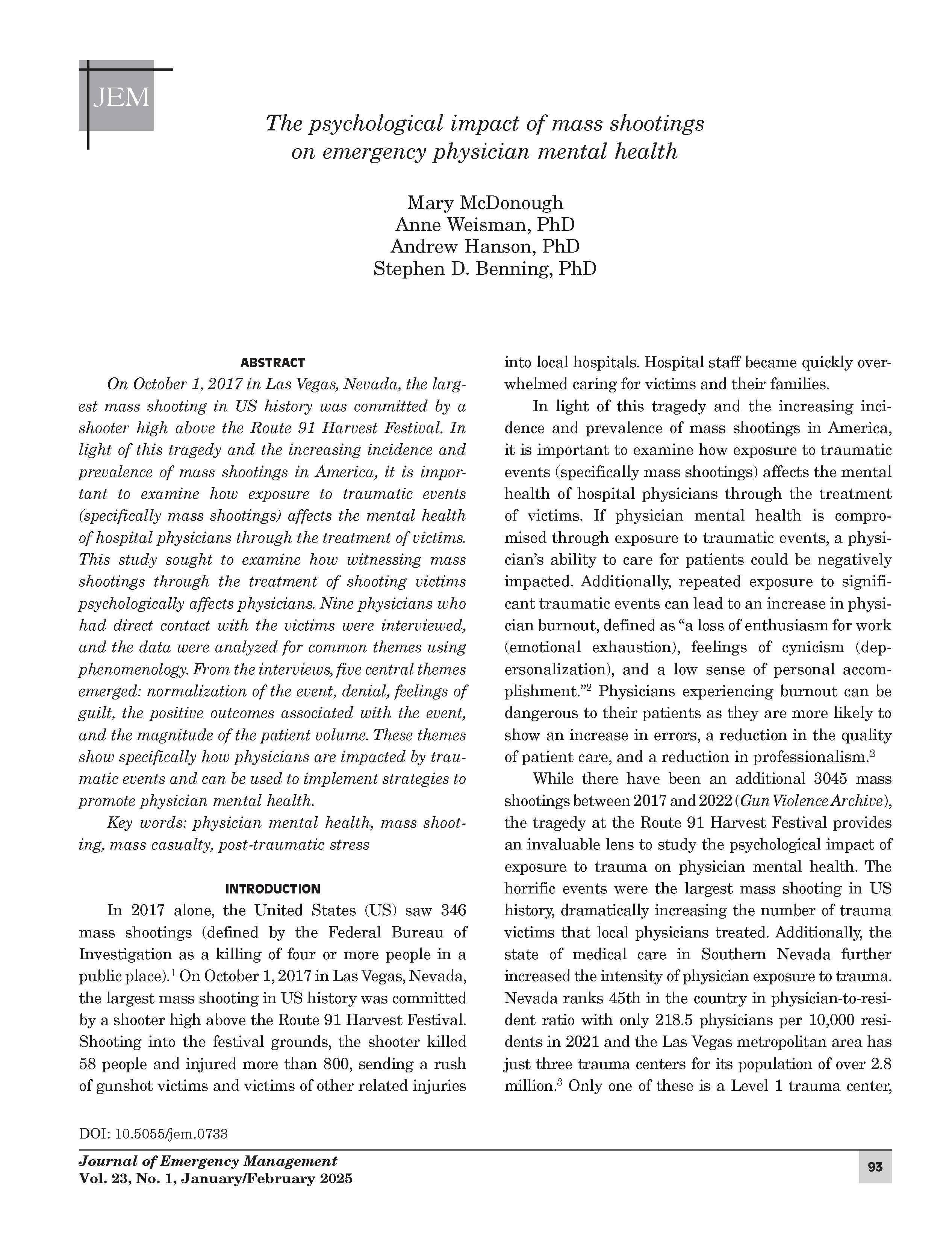 The psychological impact of mass shootings on emergency physician mental health