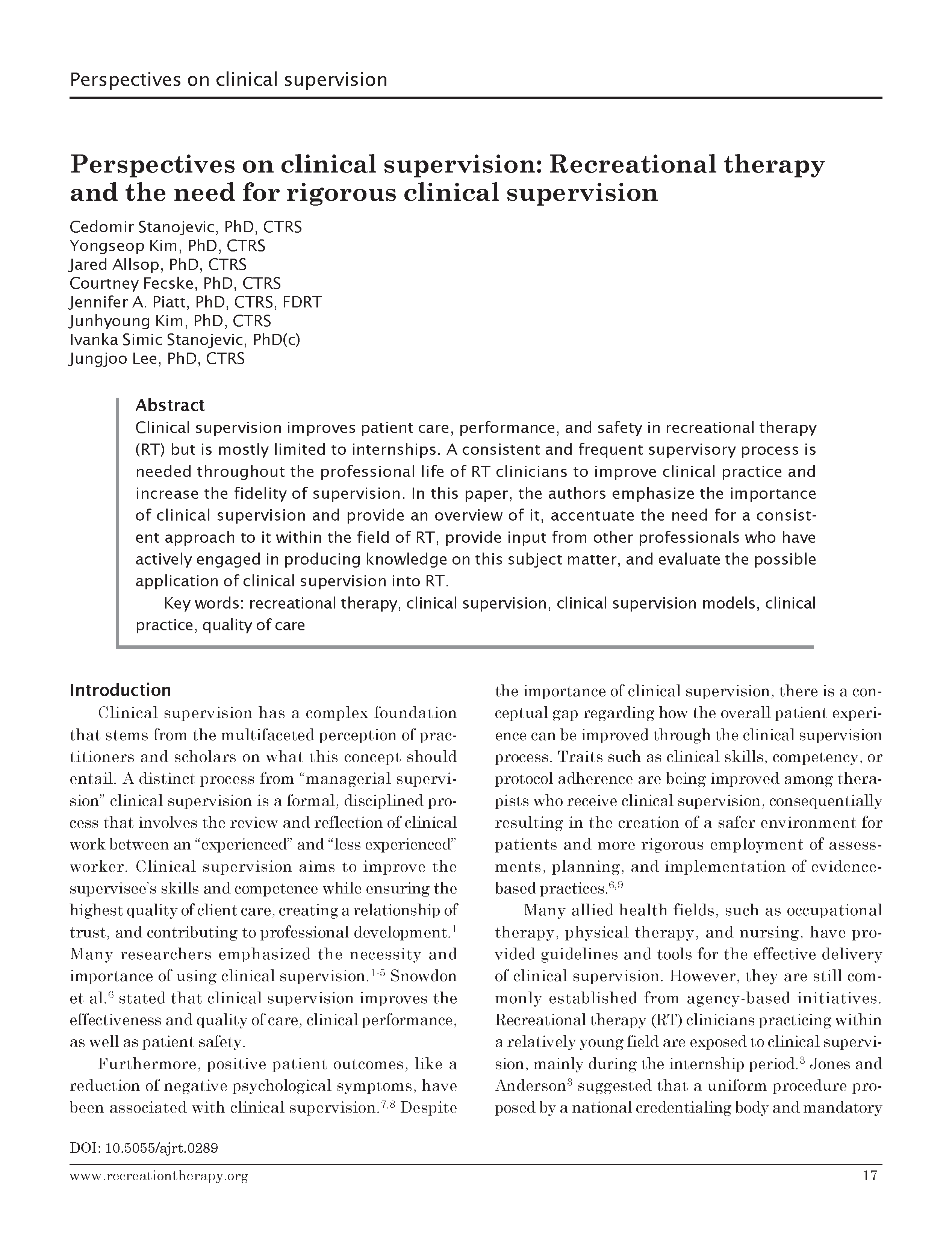 Perspectives On Clinical Supervision: Recreational Therapy And The Need 